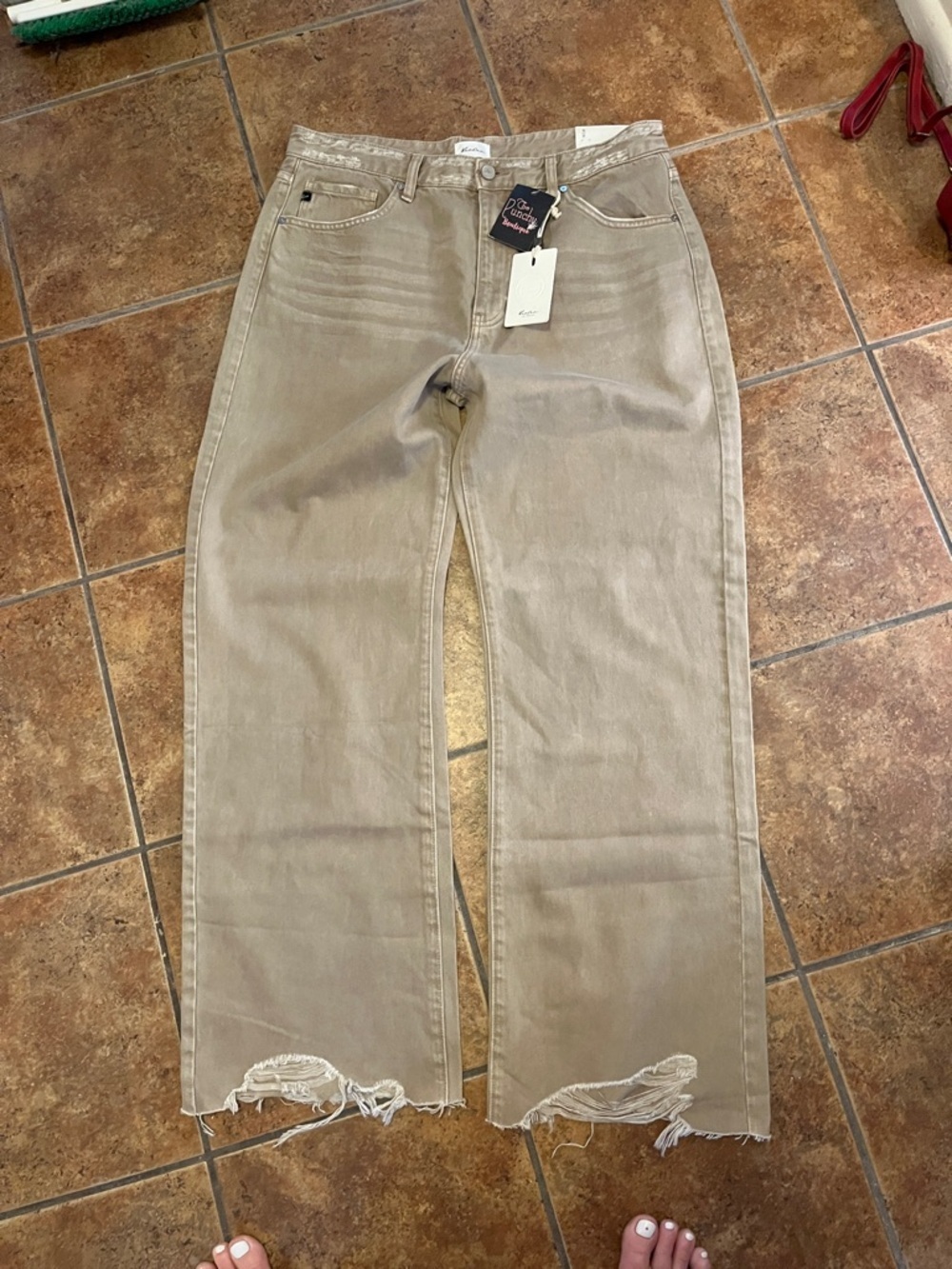 Kancan Taupe Jeans Ultra High Rise 90s Flare Raw Hem Size 15 - Picture 2 of 8